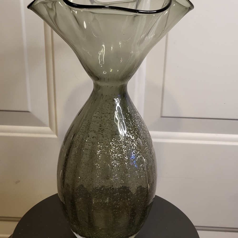 Murano Style Vintage Grey Glass w/ Silver Flake Hand Blown Vase 12" - Picture 8 of 13